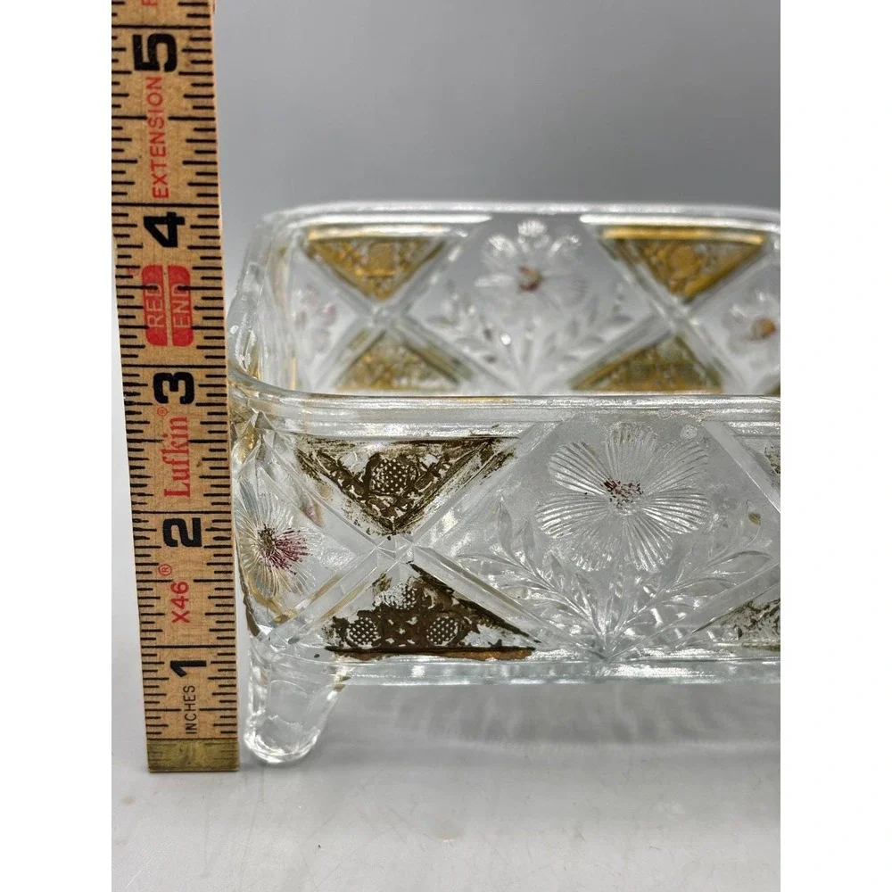 Vintage Crystal Glass Candy Dish‎ Footed Gold Gilt Floral Etched Decor